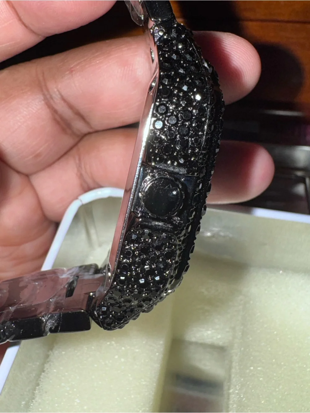 Green Crystal-Embellished Square Watch - Black Band